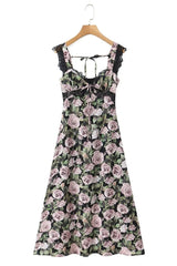 V-neck Black Rose Print Sheath Long Dress