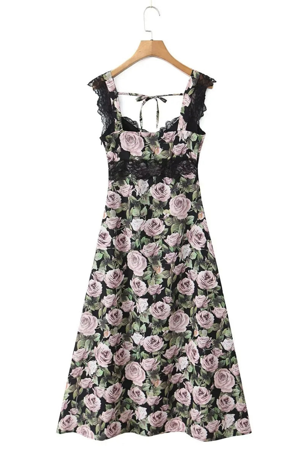 V-neck Black Rose Print Sheath Long Dress