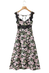 V-neck Black Rose Print Sheath Long Dress