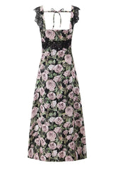 V-neck Black Rose Print Sheath Long Dress
