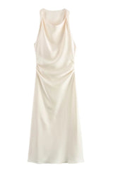 Round Neck White Ruched Long Dress