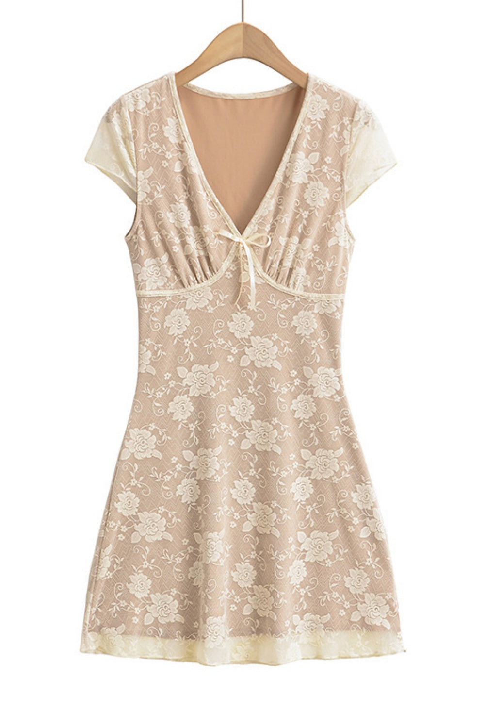 V-neck White Lace Flower Print Short Dress