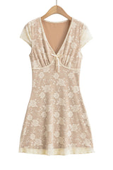 V-neck White Lace Flower Print Short Dress