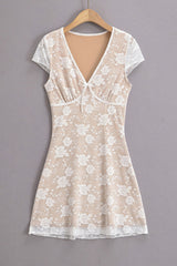 V-neck White Lace Flower Print Short Dress