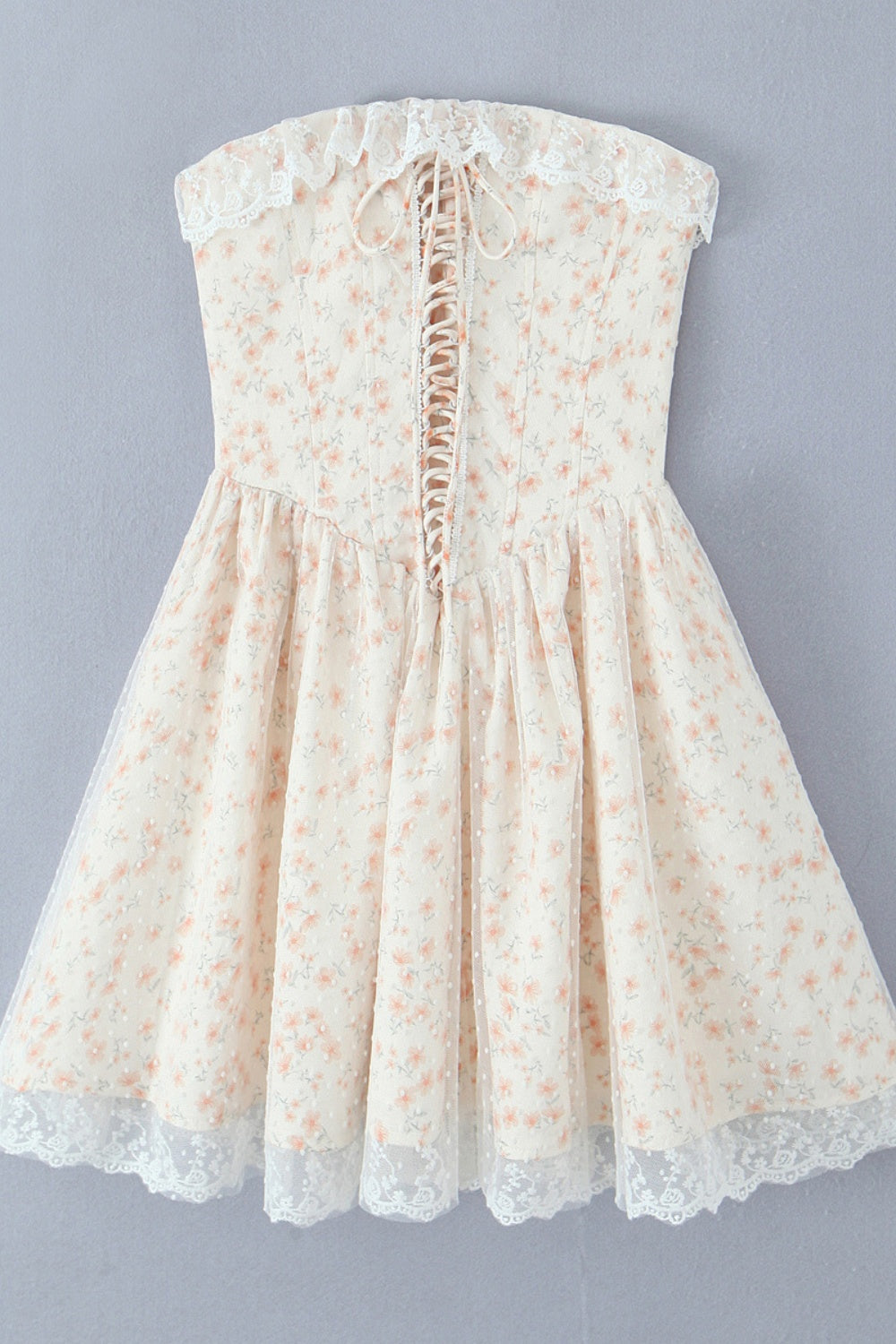 Strapless Apricot Floral Print Short Dress with Lace