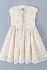 Strapless Apricot Floral Print Short Dress with Lace