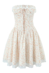 Strapless Apricot Floral Print Short Dress with Lace