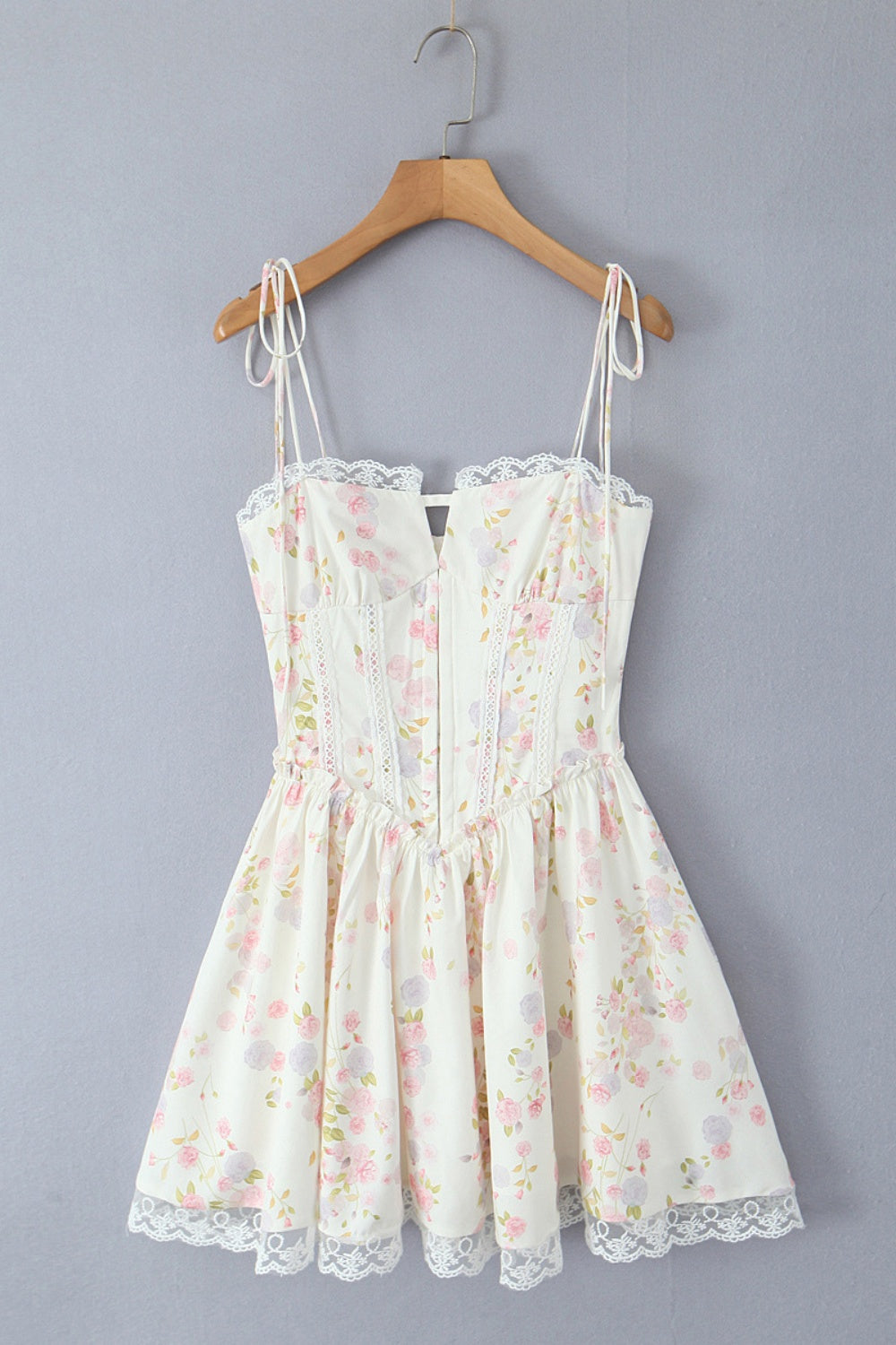 Strapless Apricot Floral Print Short Dress with Lace
