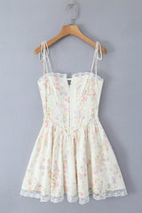 Strapless Apricot Floral Print Short Dress with Lace