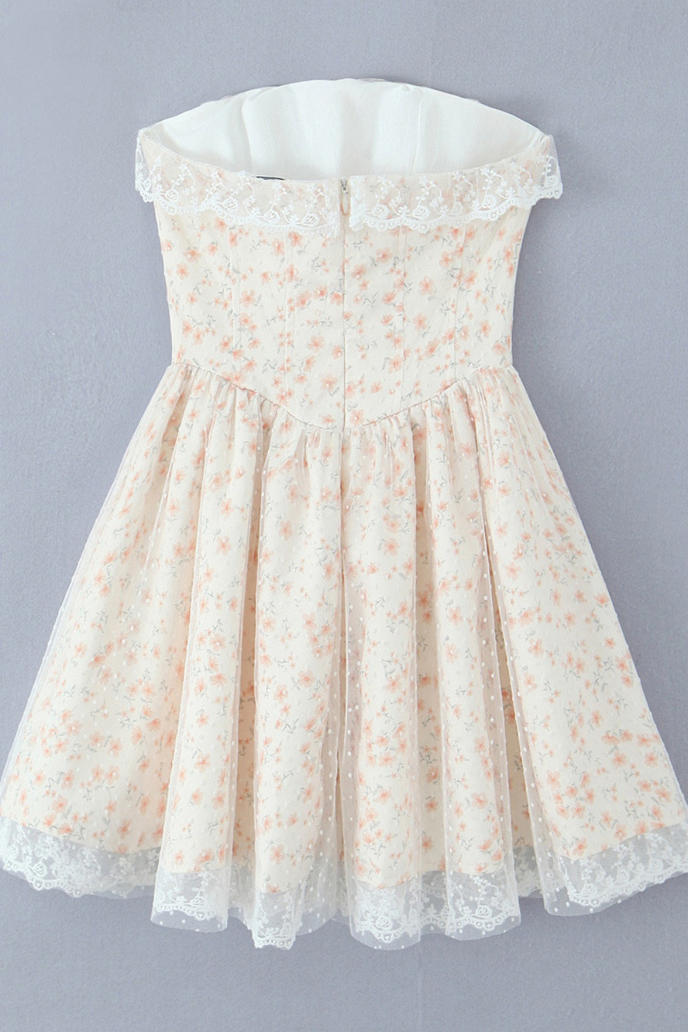 Strapless Apricot Floral Print Short Dress with Lace