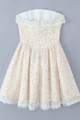 Strapless Apricot Floral Print Short Dress with Lace
