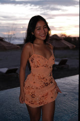 Orange Sequin Floral  A-Line Mini Dress