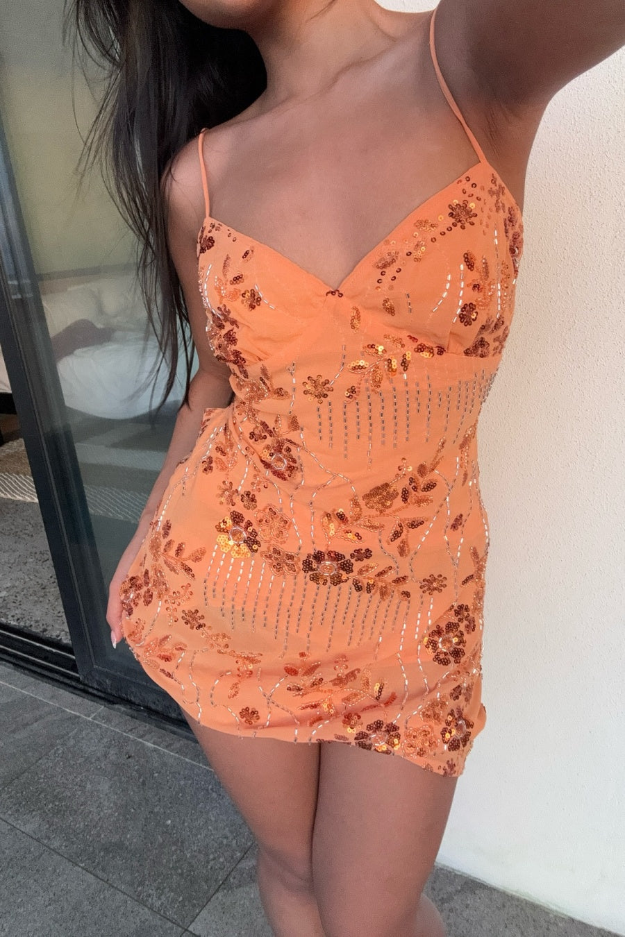 Orange Sequin Floral  A-Line Mini Dress