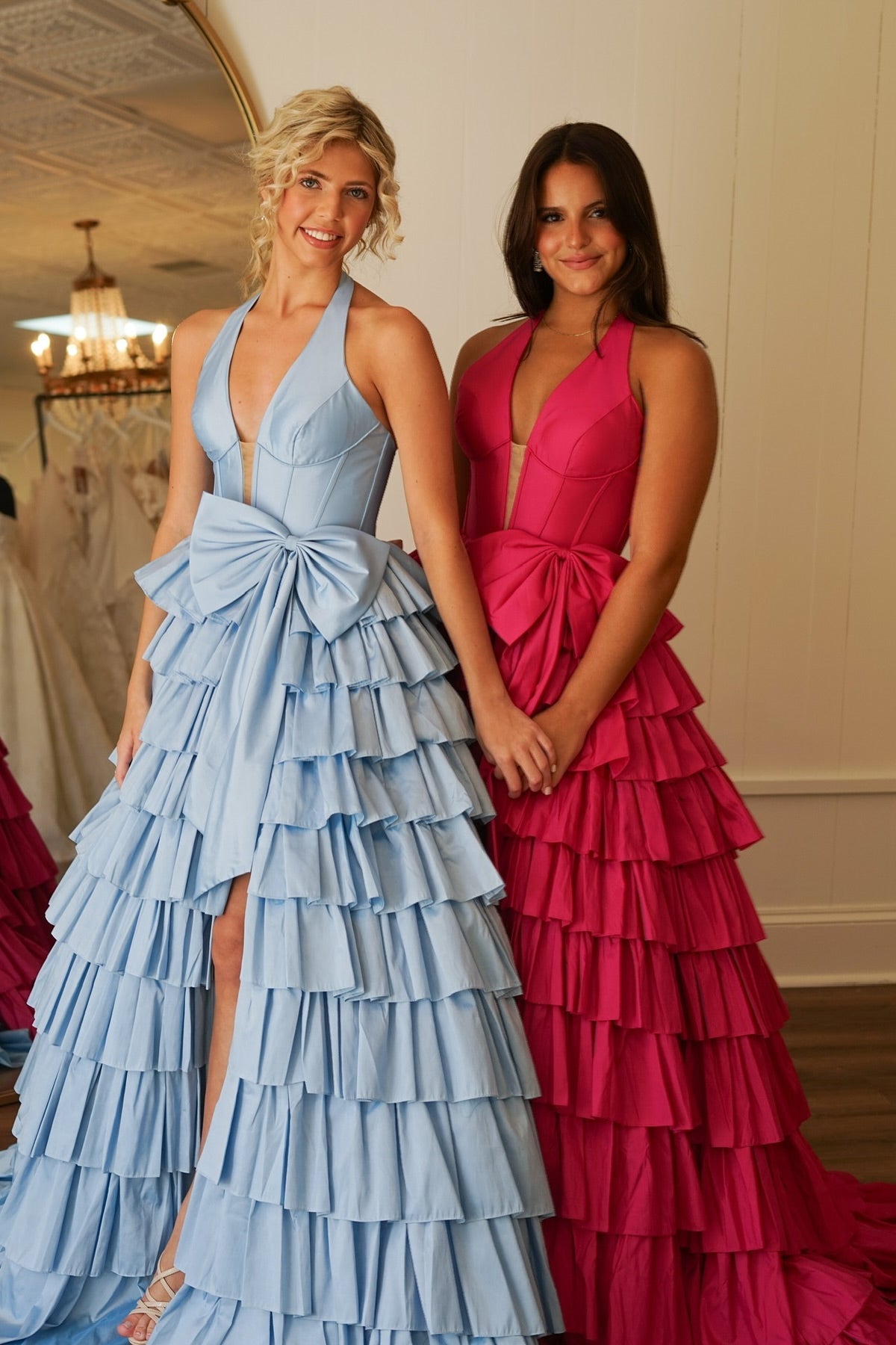 Halter Blue Tiered A-line Long Dress with Bow