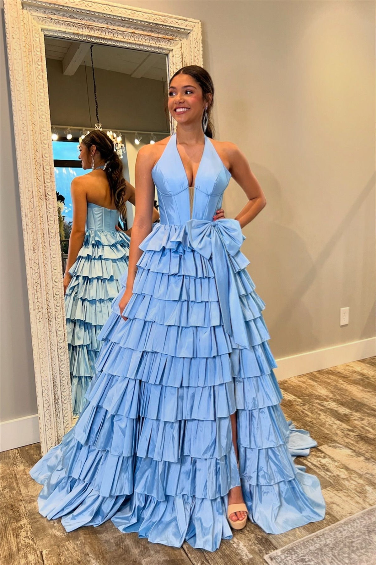 Halter Blue Tiered A-line Long Dress with Bow