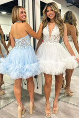 Halter White Appliques Ruffled Short Dress