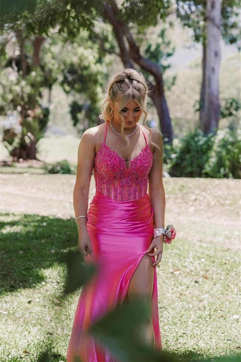 Hot Pink Appliques Ruched Long Prom Dresss