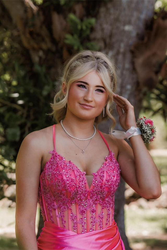 Hot Pink Appliques Ruched Long Prom Dresss