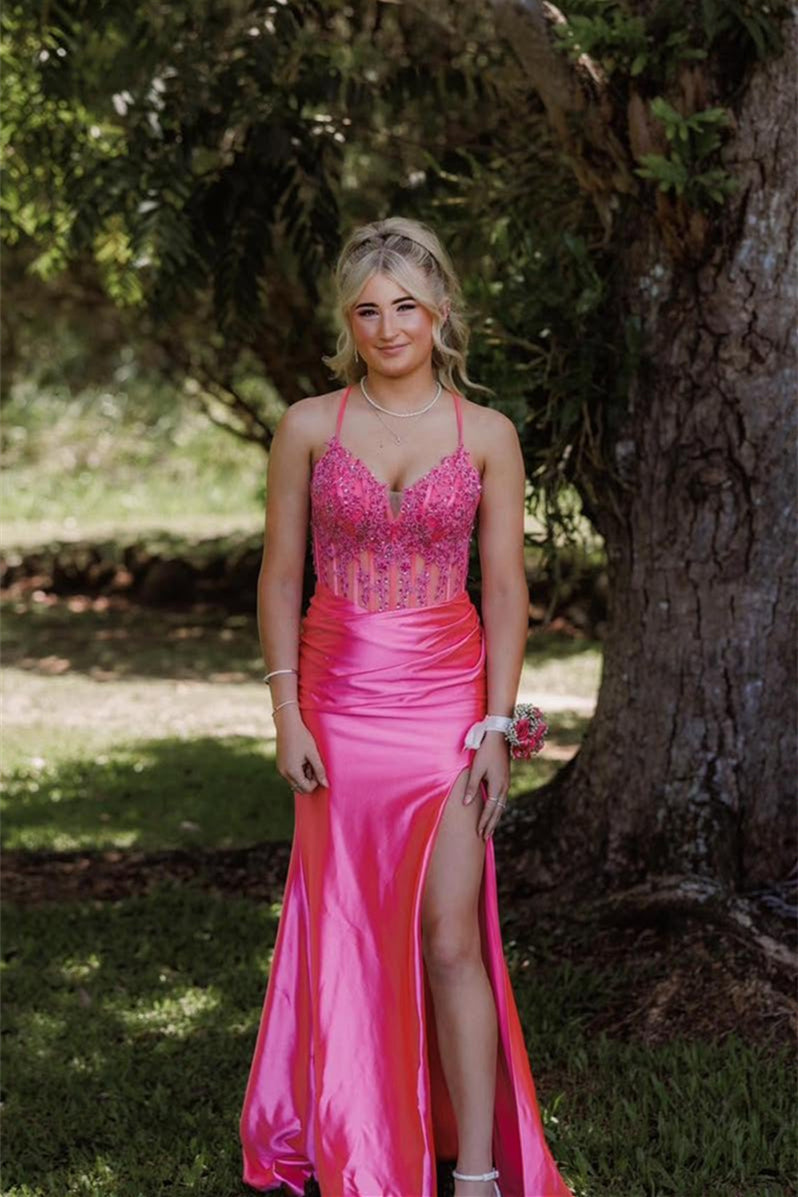 Hot Pink Appliques Ruched Long Prom Dresss