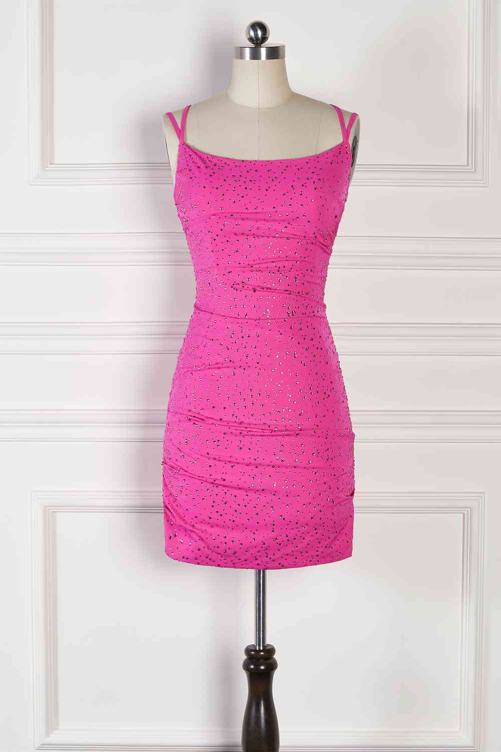 Lovely Sparkle Fuchsia Spaghetti Straps Tight Mini Dress With Diamond