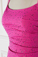 Lovely Sparkle Fuchsia Spaghetti Straps Tight Mini Dress With Diamond
