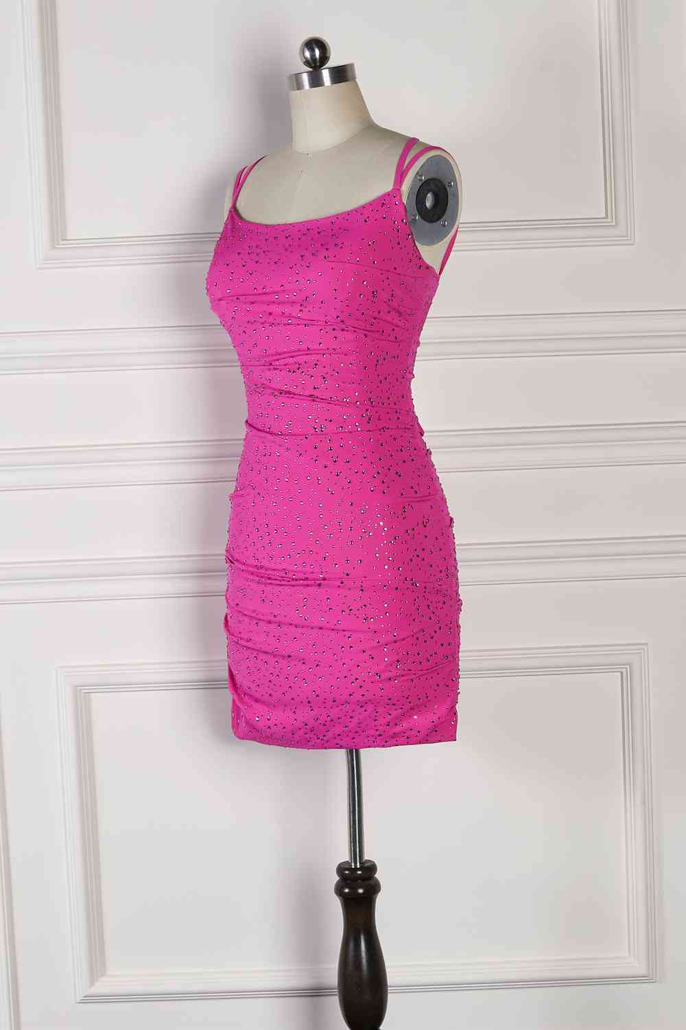 Lovely Sparkle Fuchsia Spaghetti Straps Tight Mini Dress With Diamond