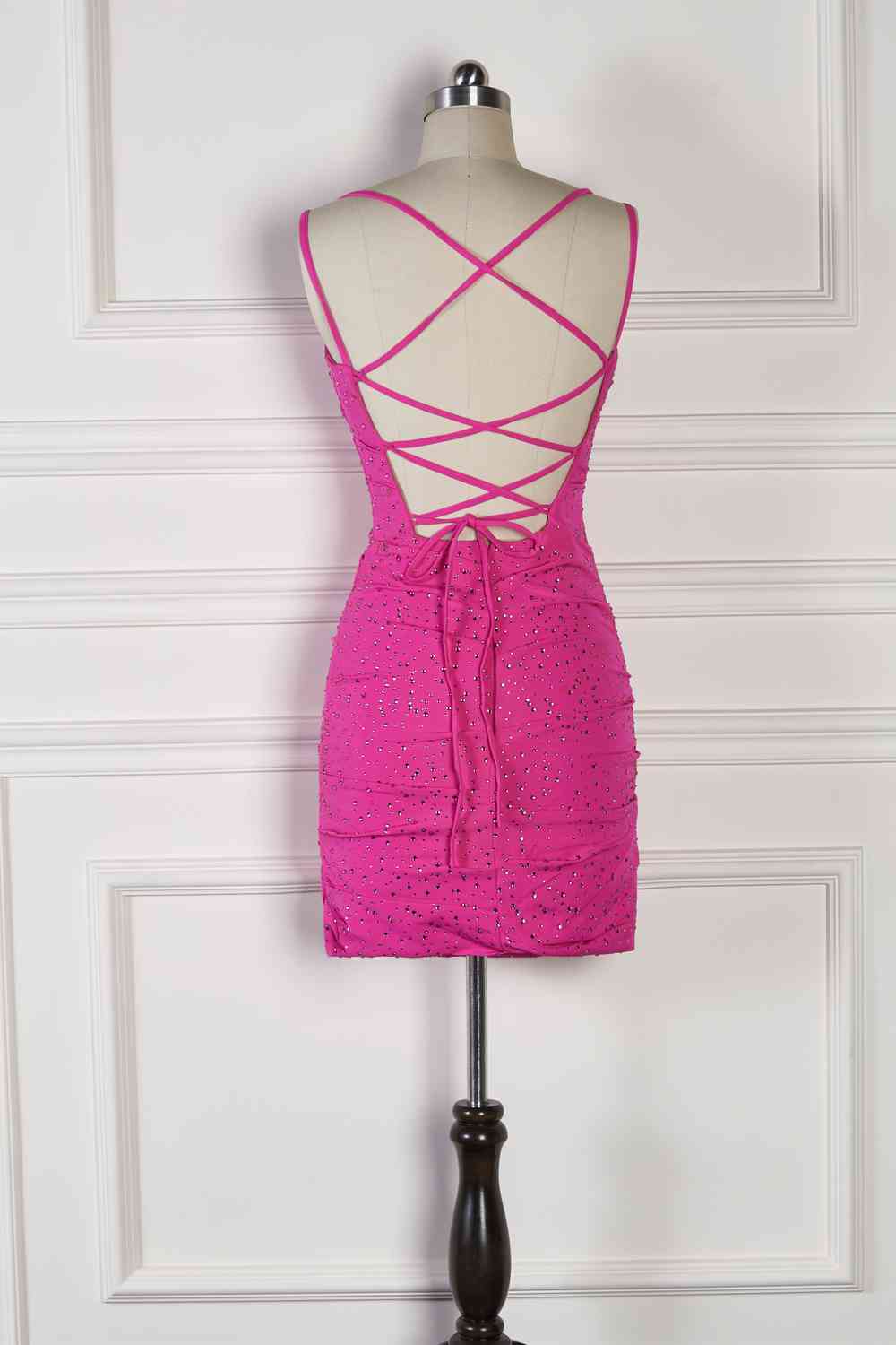 Lovely Sparkle Fuchsia Spaghetti Straps Tight Mini Dress With Diamond