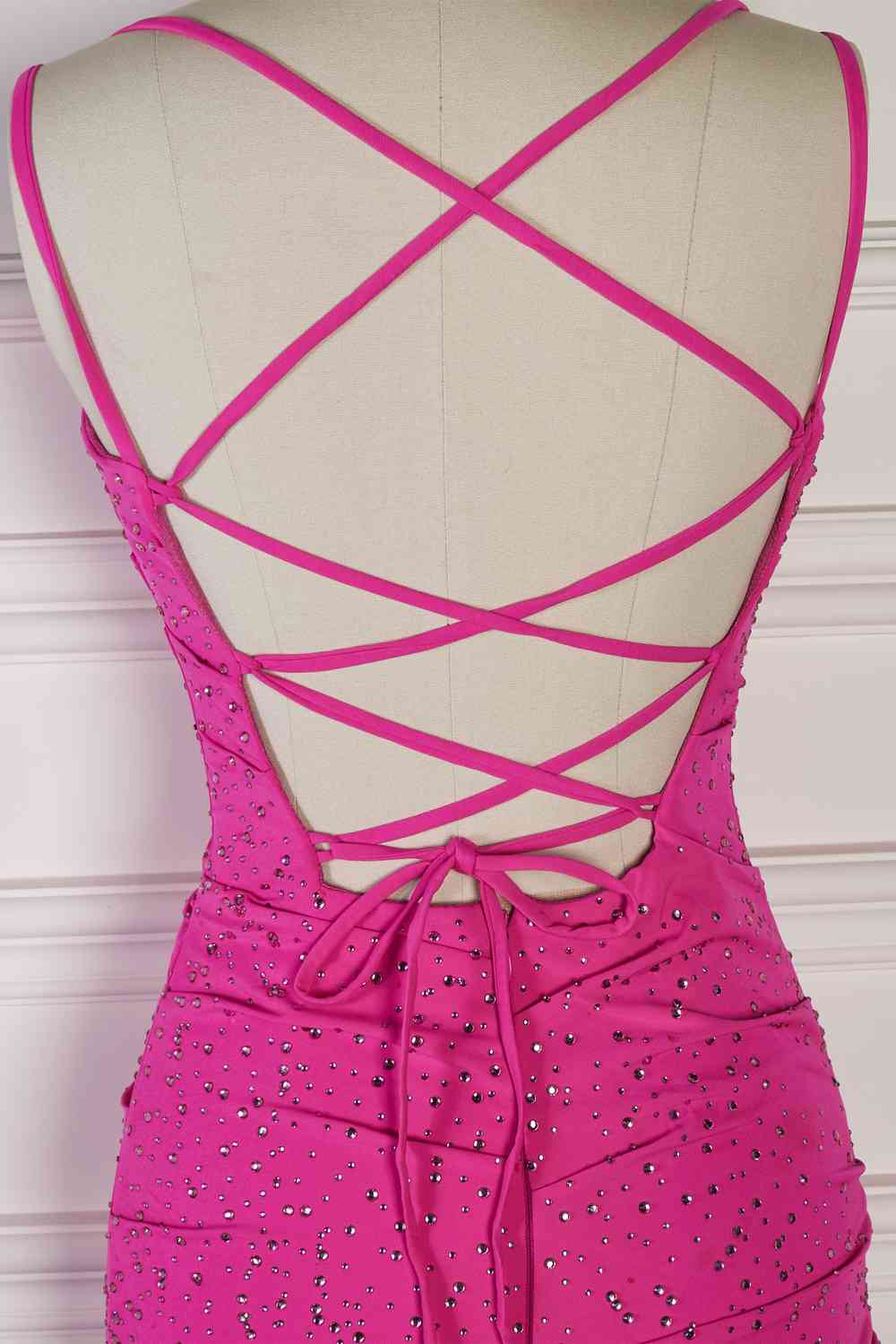 Lovely Sparkle Fuchsia Spaghetti Straps Tight Mini Dress With Diamond