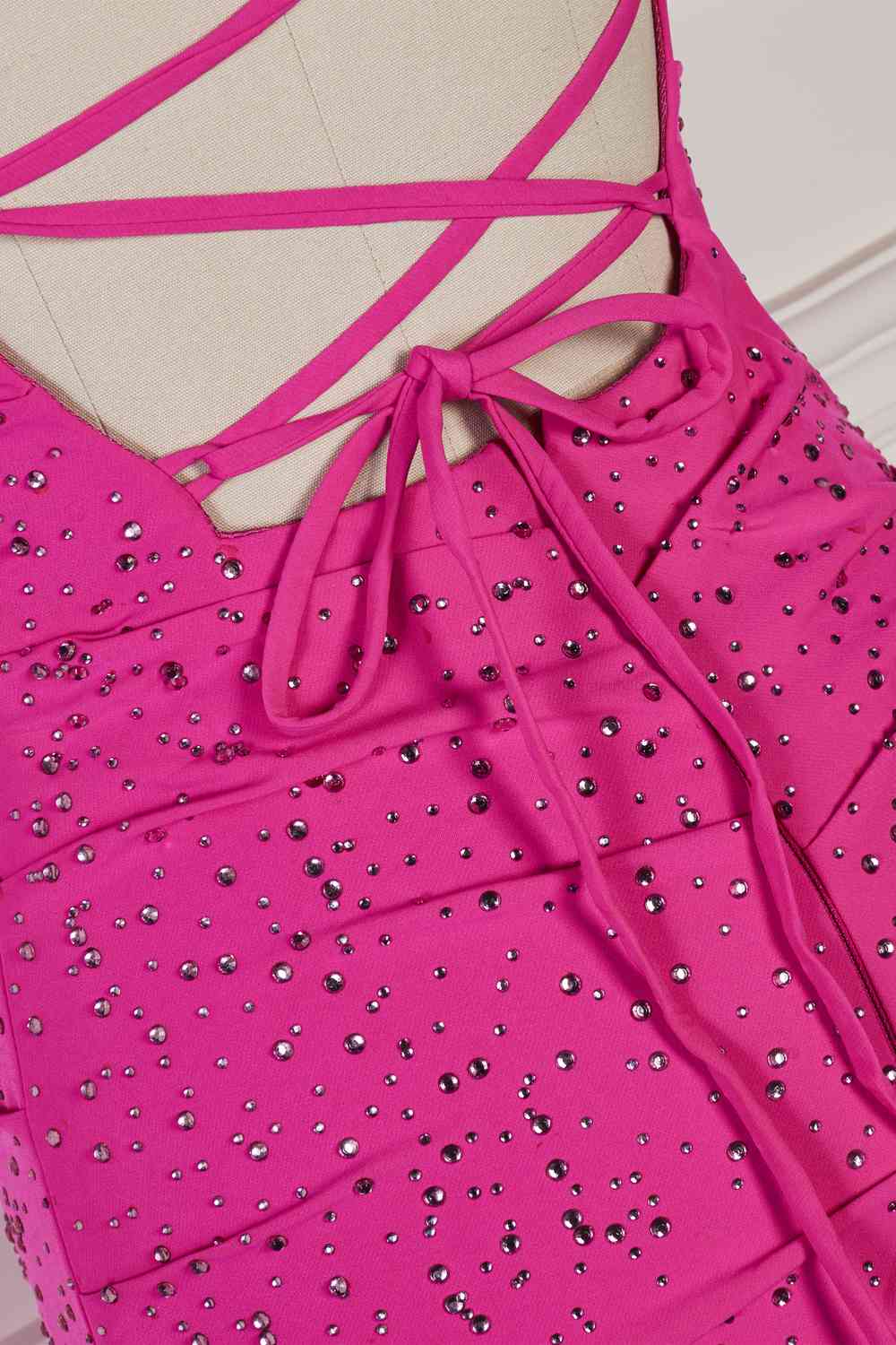 Lovely Sparkle Fuchsia Spaghetti Straps Tight Mini Dress With Diamond