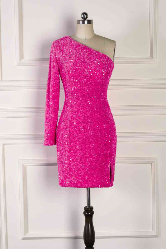 Sparkle Fuchsia Sequin One-Shoulder Mini Bodycon Dress