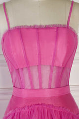 Hot Pink Spaghetti Straps Tiered Ruffles Long Party Dress