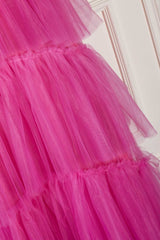 Hot Pink Spaghetti Straps Tiered Ruffles Long Party Dress