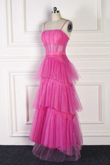 Hot Pink Spaghetti Straps Tiered Ruffles Long Party Dress