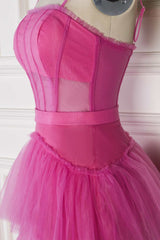 Hot Pink Spaghetti Straps Tiered Ruffles Long Party Dress