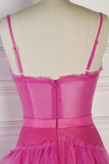 Hot Pink Spaghetti Straps Tiered Ruffles Long Party Dress