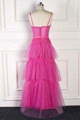 Hot Pink Spaghetti Straps Tiered Ruffles Long Party Dress