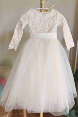 Long Sleeves Champagne Appliques Flower Girl Dress