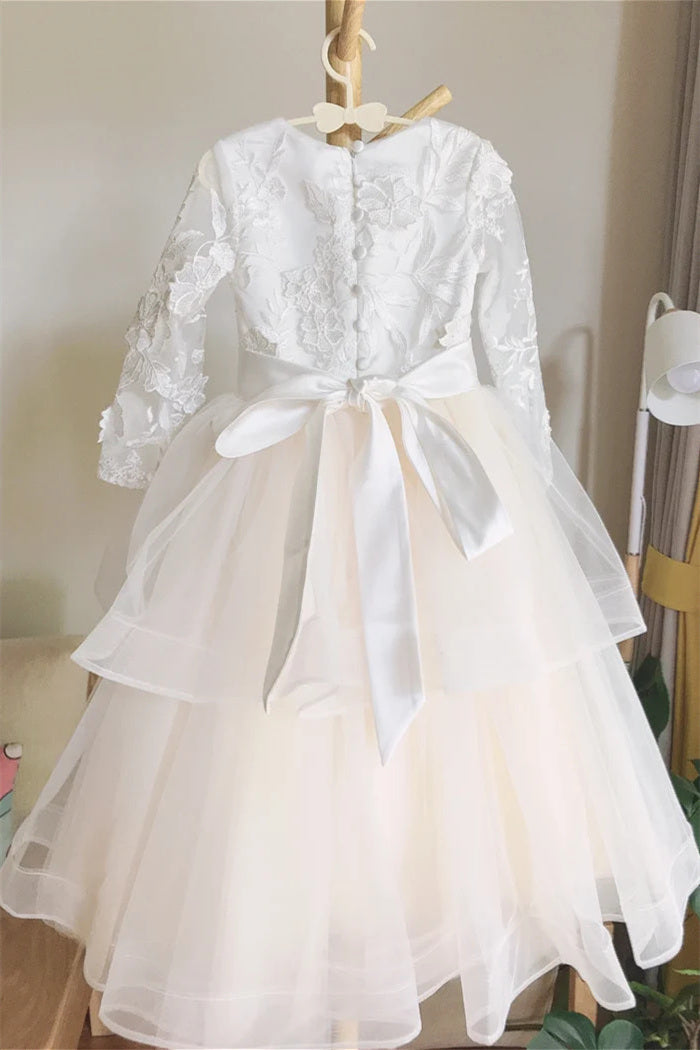 Long Sleeves White Appliques Tiered Flower Girl Dress