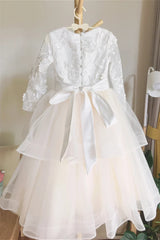 Long Sleeves White Appliques Tiered Flower Girl Dress