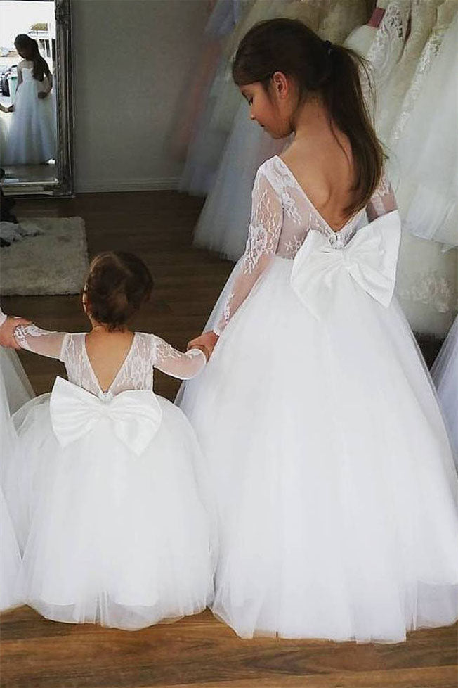Long Sleeves White Flower Girl Dress with Bow