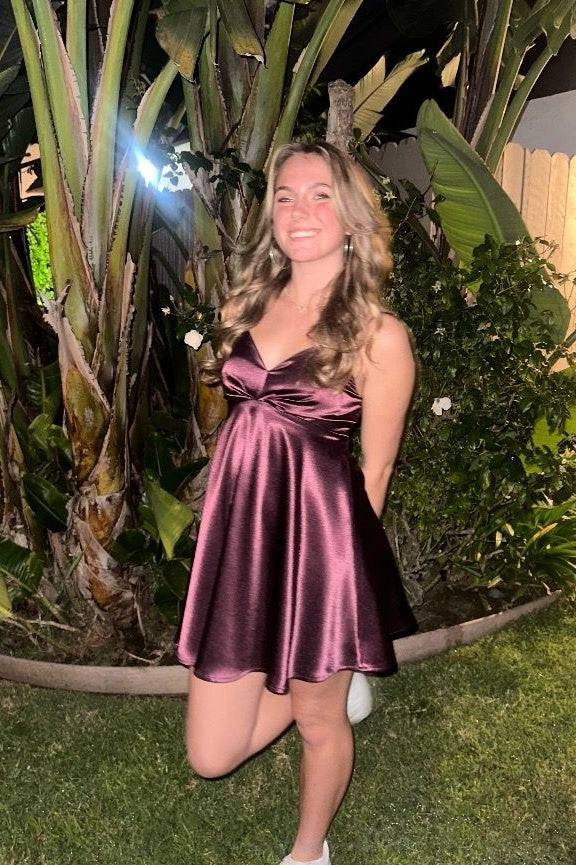 Mint Blue V-Neck Satin A-Line Mini Dress