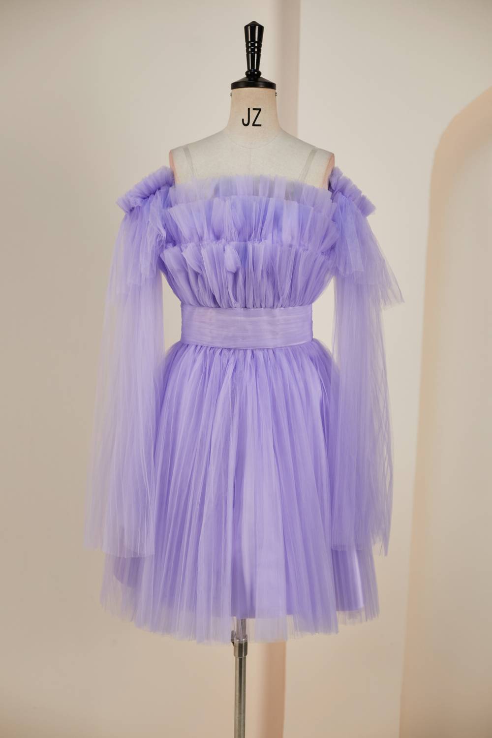 Purple Tulle Fit and Flare Short Dress with Long Sleeves