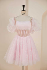Strapless Pink A-line Short Dress with Removable Short Sleeves