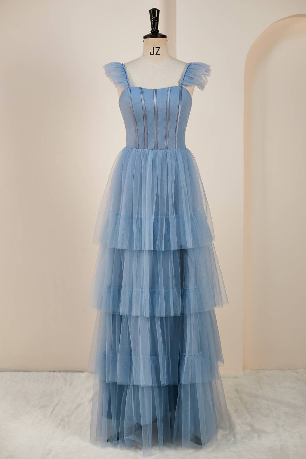 Flare Sleeves Misty Blue Tiered Ruffles Long Party Dress