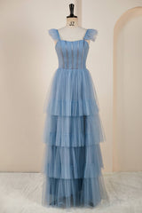 Flare Sleeves Misty Blue Tiered Ruffles Long Party Dress