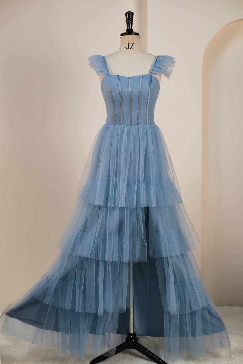 Flare Sleeves Misty Blue Tiered Ruffles Long Party Dress