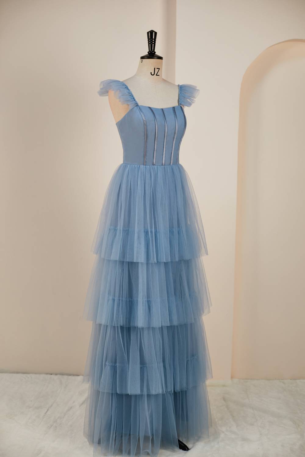 Flare Sleeves Misty Blue Tiered Ruffles Long Party Dress