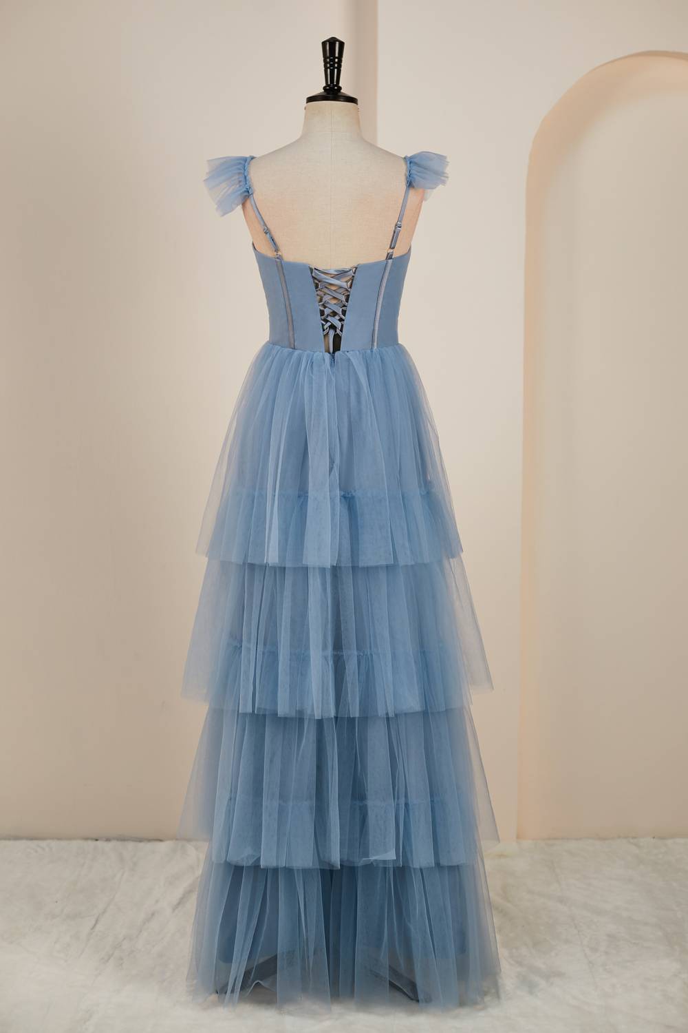 Flare Sleeves Misty Blue Tiered Ruffles Long Party Dress