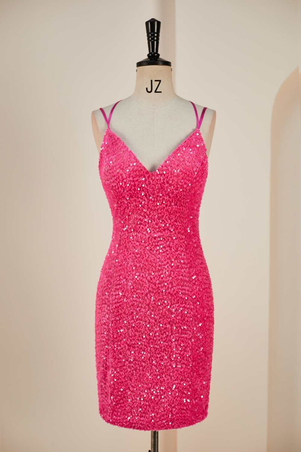strapless open back dress Hot Pink Sequin V Neck Tight Mini Dress – Notjustprom