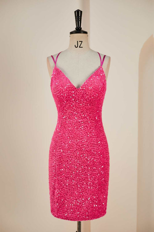 Hot Pink Sequin V Neck Tight Mini Dress